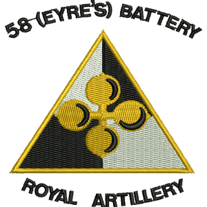 Close up of the 58 (Eyre's) Battery Royal Artillery Embroidered Badge for Clothing