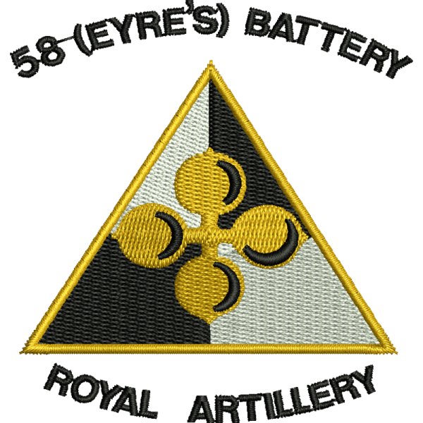 Close up of the 58 (Eyre's) Battery Royal Artillery Embroidered Badge for Clothing